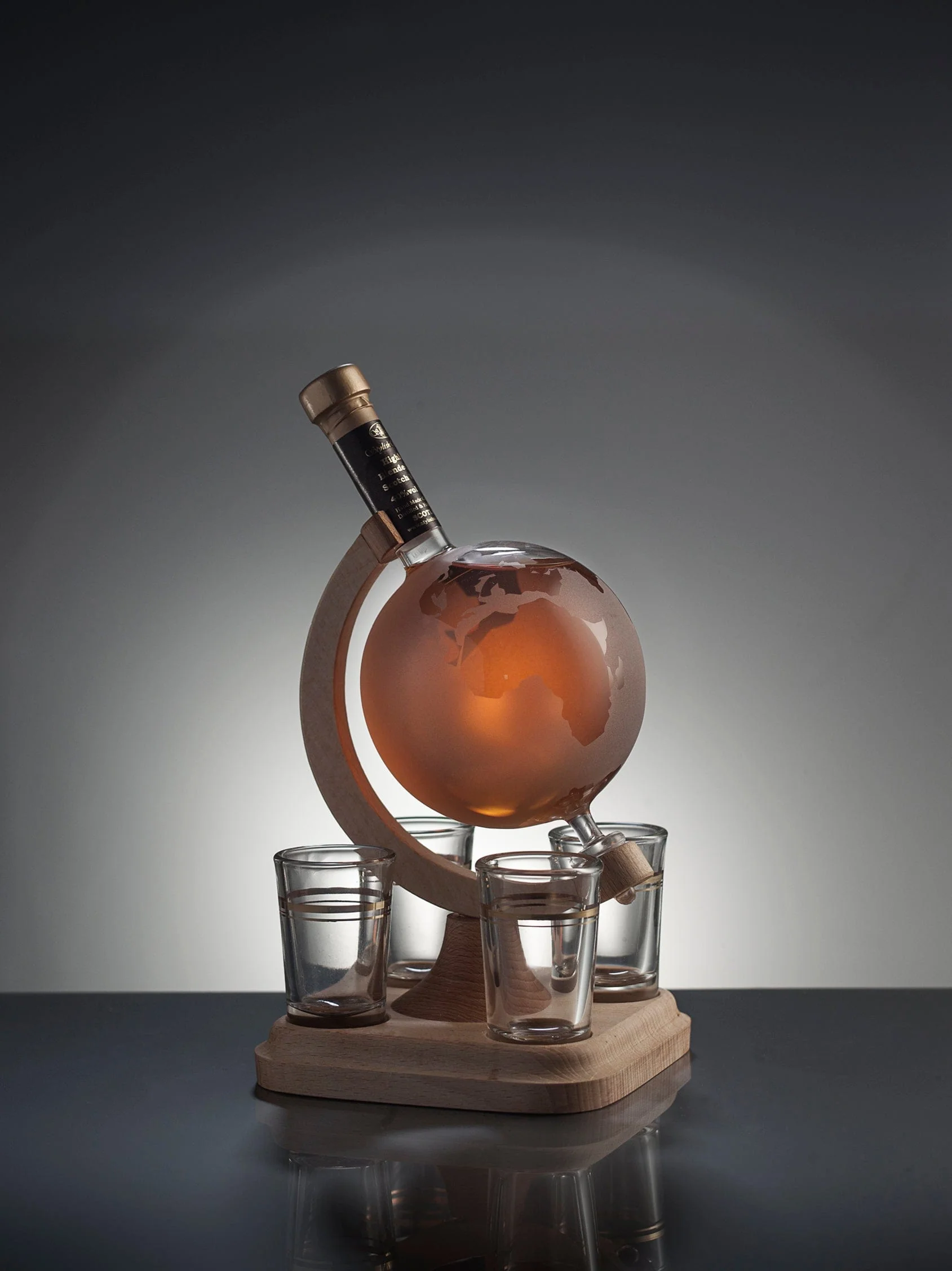 Frosted Glass Globe Refillable Rum Decanter & 4 Glasses 35cl
